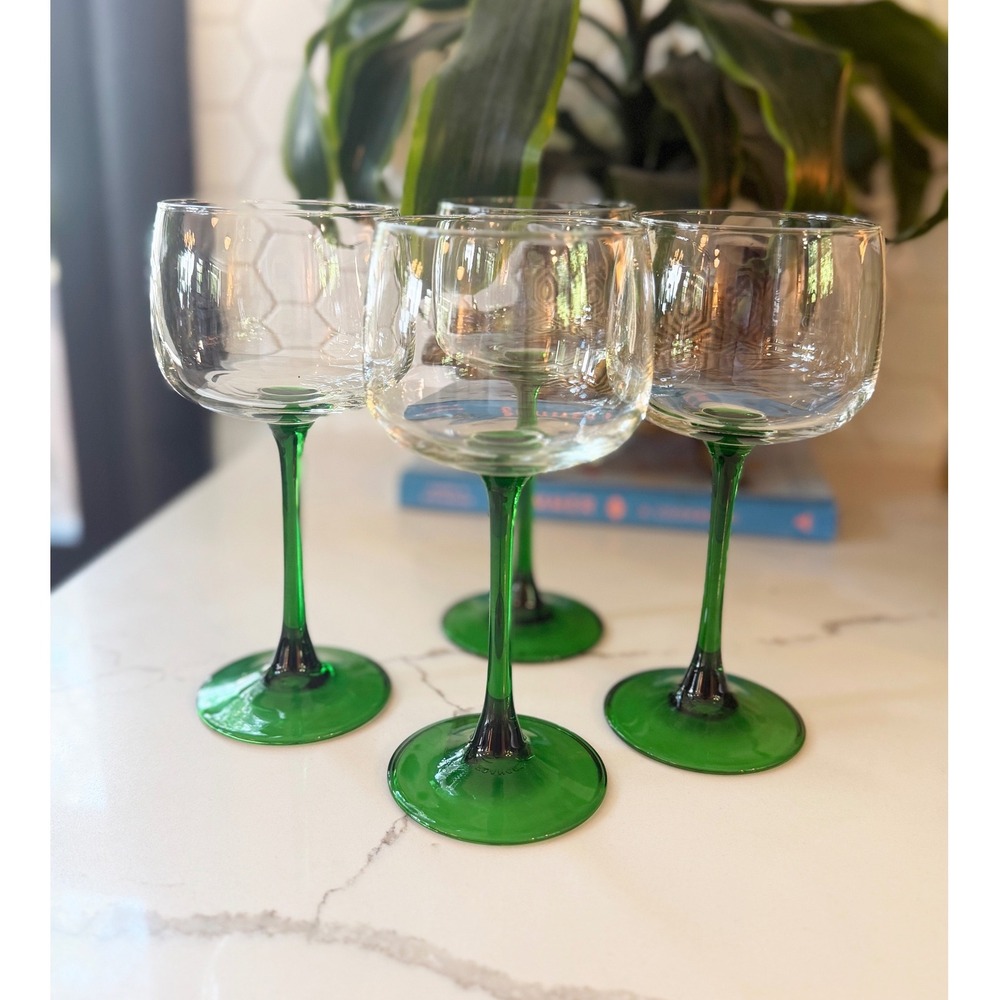 Luminarc France Green Stem Wine glasses Domino Pattern Set of 4 Vintage MCM